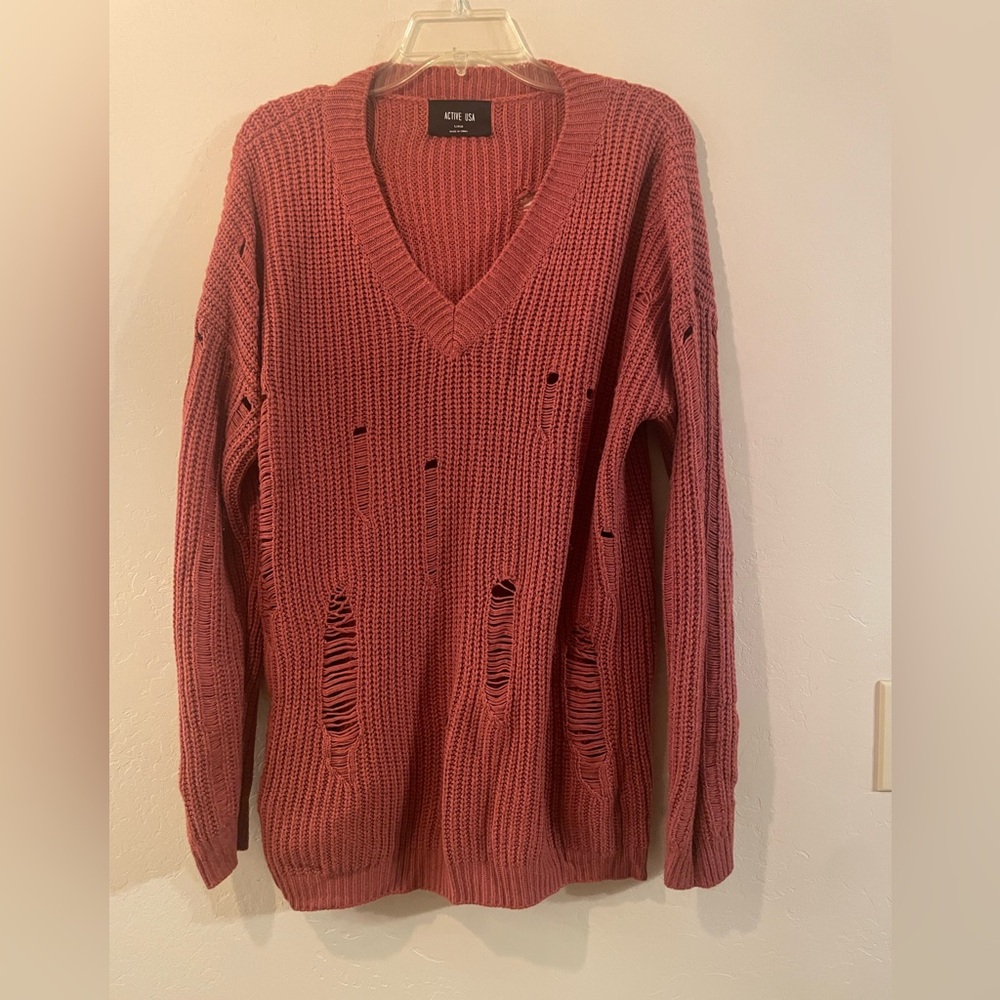 Active USA Distressed Knit Sweater - Rust Red